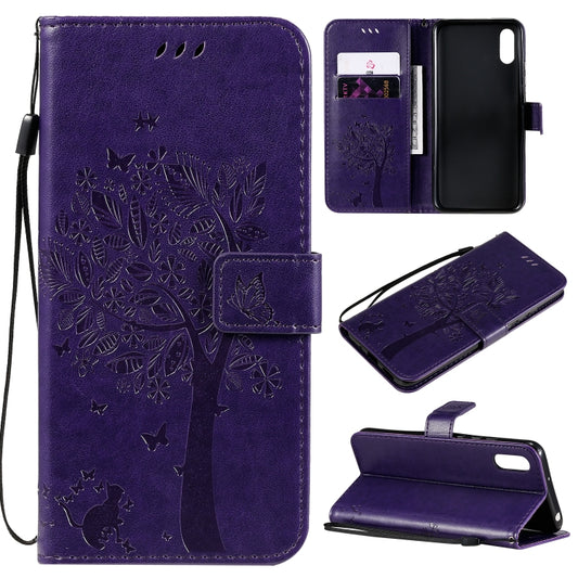 For Xiaomi Redmi 9A Tree & Cat Pattern Pressed Printing Horizontal Flip PU Leather Case with Holder & Card Slots & Wallet & Lanyard(Purple) - Xiaomi Cases by buy2fix | Online Shopping UK | buy2fix