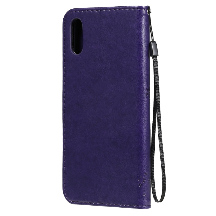 For Xiaomi Redmi 9A Tree & Cat Pattern Pressed Printing Horizontal Flip PU Leather Case with Holder & Card Slots & Wallet & Lanyard(Purple) - Xiaomi Cases by buy2fix | Online Shopping UK | buy2fix