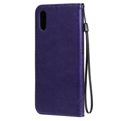 For Xiaomi Redmi 9A Tree & Cat Pattern Pressed Printing Horizontal Flip PU Leather Case with Holder & Card Slots & Wallet & Lanyard(Purple) - Xiaomi Cases by buy2fix | Online Shopping UK | buy2fix