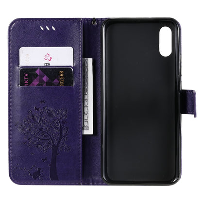 For Xiaomi Redmi 9A Tree & Cat Pattern Pressed Printing Horizontal Flip PU Leather Case with Holder & Card Slots & Wallet & Lanyard(Purple) - Xiaomi Cases by buy2fix | Online Shopping UK | buy2fix