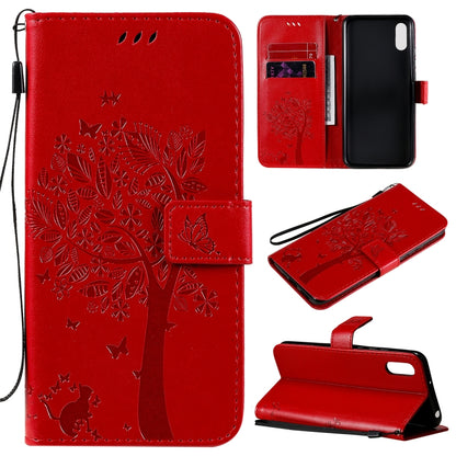 For Xiaomi Redmi 9A Tree & Cat Pattern Pressed Printing Horizontal Flip PU Leather Case with Holder & Card Slots & Wallet & Lanyard(Red) - Xiaomi Cases by buy2fix | Online Shopping UK | buy2fix