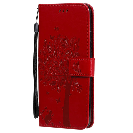 For Xiaomi Redmi 9A Tree & Cat Pattern Pressed Printing Horizontal Flip PU Leather Case with Holder & Card Slots & Wallet & Lanyard(Red) - Xiaomi Cases by buy2fix | Online Shopping UK | buy2fix