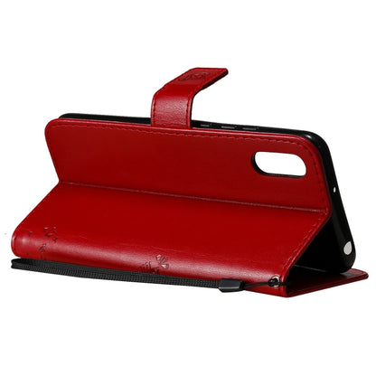 For Xiaomi Redmi 9A Tree & Cat Pattern Pressed Printing Horizontal Flip PU Leather Case with Holder & Card Slots & Wallet & Lanyard(Red) - Xiaomi Cases by buy2fix | Online Shopping UK | buy2fix