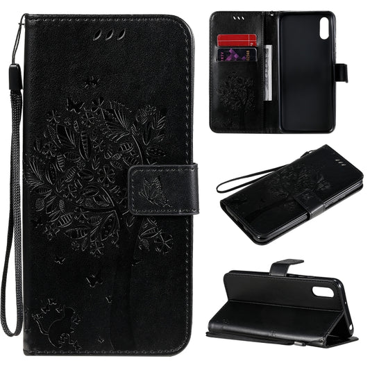 For Xiaomi Redmi 9A Tree & Cat Pattern Pressed Printing Horizontal Flip PU Leather Case with Holder & Card Slots & Wallet & Lanyard(Black) - Xiaomi Cases by buy2fix | Online Shopping UK | buy2fix