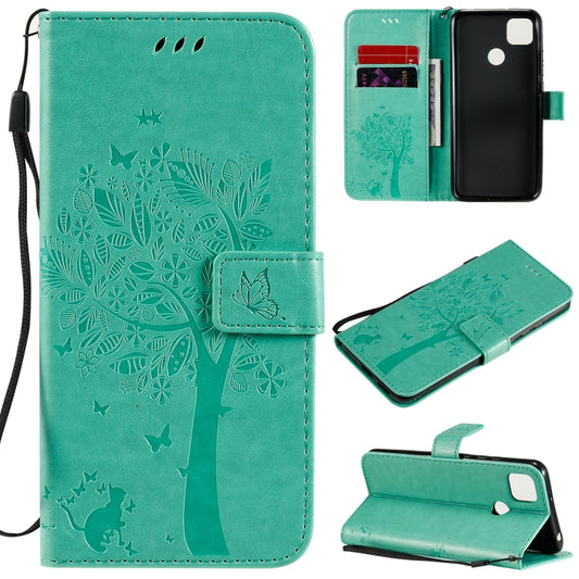 For Xiaomi Redmi 9C Tree & Cat Pattern Pressed Printing Horizontal Flip PU Leather Case with Holder & Card Slots & Wallet & Lanyard(Green) - Xiaomi Cases by buy2fix | Online Shopping UK | buy2fix