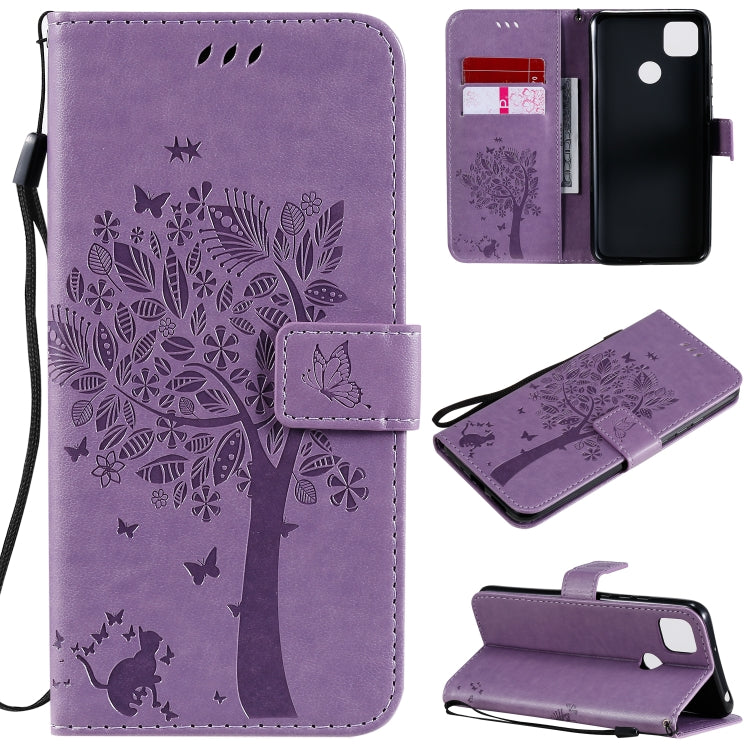 For Xiaomi Redmi 9C Tree & Cat Pattern Pressed Printing Horizontal Flip PU Leather Case with Holder & Card Slots & Wallet & Lanyard(Light Purple) - Xiaomi Cases by buy2fix | Online Shopping UK | buy2fix