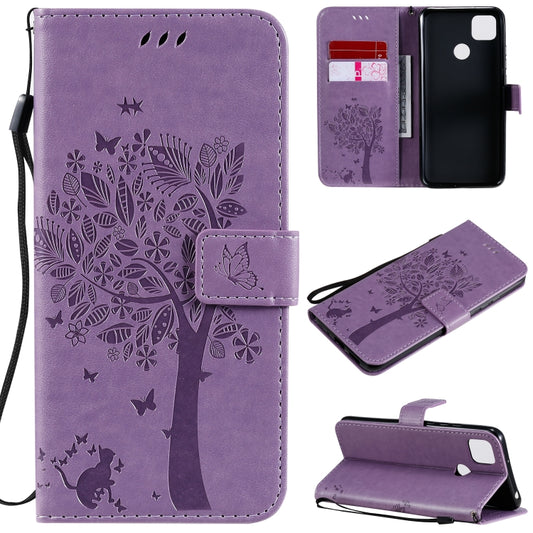 For Xiaomi Redmi 9C Tree & Cat Pattern Pressed Printing Horizontal Flip PU Leather Case with Holder & Card Slots & Wallet & Lanyard(Light Purple) - Xiaomi Cases by buy2fix | Online Shopping UK | buy2fix
