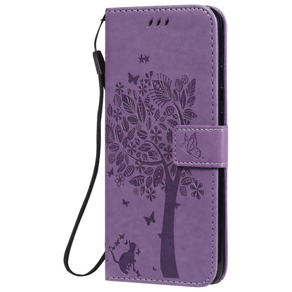 For Xiaomi Redmi 9C Tree & Cat Pattern Pressed Printing Horizontal Flip PU Leather Case with Holder & Card Slots & Wallet & Lanyard(Light Purple) - Xiaomi Cases by buy2fix | Online Shopping UK | buy2fix