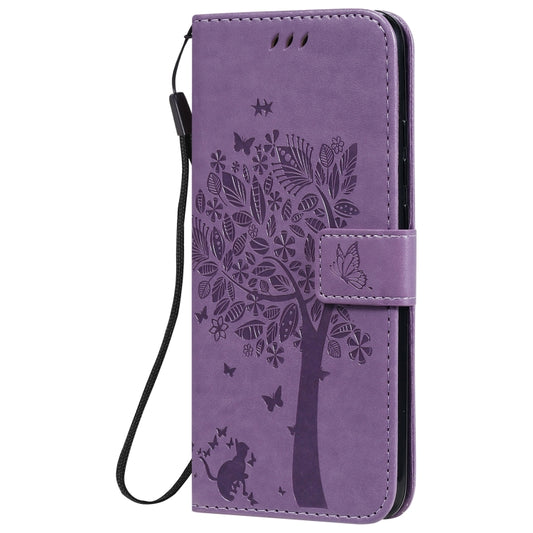 For Xiaomi Redmi 9C Tree & Cat Pattern Pressed Printing Horizontal Flip PU Leather Case with Holder & Card Slots & Wallet & Lanyard(Light Purple) - Xiaomi Cases by buy2fix | Online Shopping UK | buy2fix