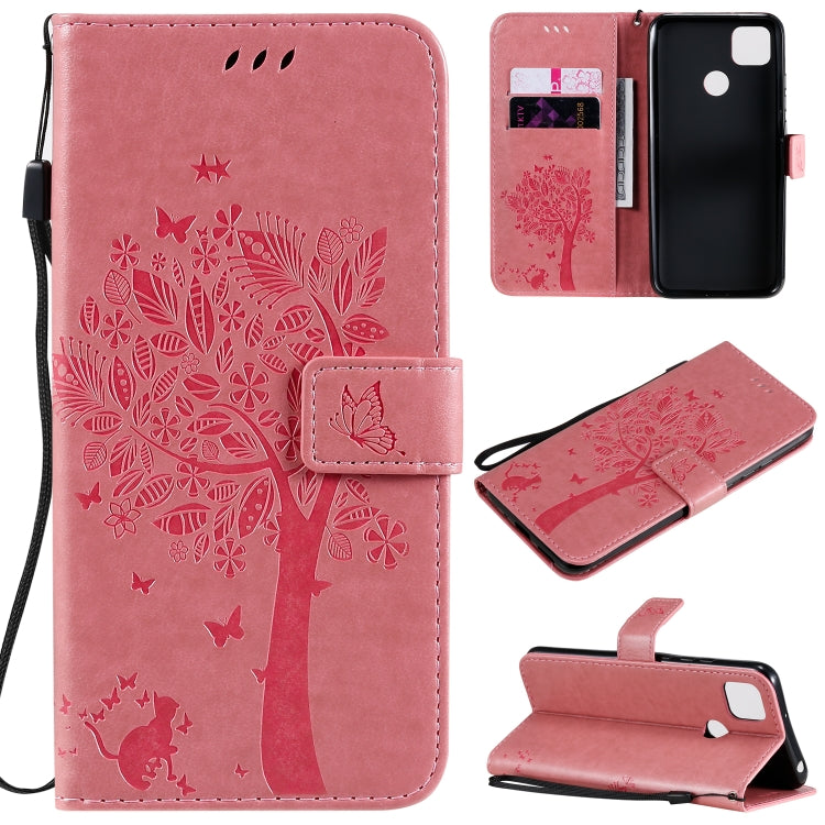 For Xiaomi Redmi 9C Tree & Cat Pattern Pressed Printing Horizontal Flip PU Leather Case with Holder & Card Slots & Wallet & Lanyard(Pink) - Xiaomi Cases by buy2fix | Online Shopping UK | buy2fix