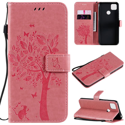 For Xiaomi Redmi 9C Tree & Cat Pattern Pressed Printing Horizontal Flip PU Leather Case with Holder & Card Slots & Wallet & Lanyard(Pink) - Xiaomi Cases by buy2fix | Online Shopping UK | buy2fix