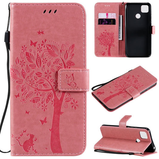 For Xiaomi Redmi 9C Tree & Cat Pattern Pressed Printing Horizontal Flip PU Leather Case with Holder & Card Slots & Wallet & Lanyard(Pink) - Xiaomi Cases by buy2fix | Online Shopping UK | buy2fix