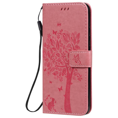 For Xiaomi Redmi 9C Tree & Cat Pattern Pressed Printing Horizontal Flip PU Leather Case with Holder & Card Slots & Wallet & Lanyard(Pink) - Xiaomi Cases by buy2fix | Online Shopping UK | buy2fix