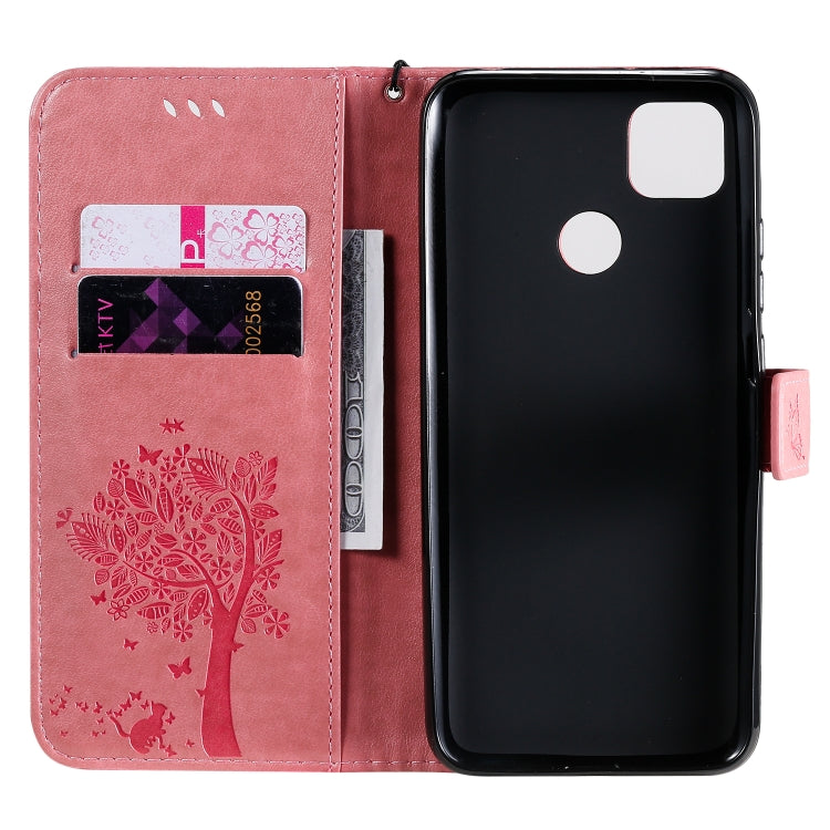 For Xiaomi Redmi 9C Tree & Cat Pattern Pressed Printing Horizontal Flip PU Leather Case with Holder & Card Slots & Wallet & Lanyard(Pink) - Xiaomi Cases by buy2fix | Online Shopping UK | buy2fix