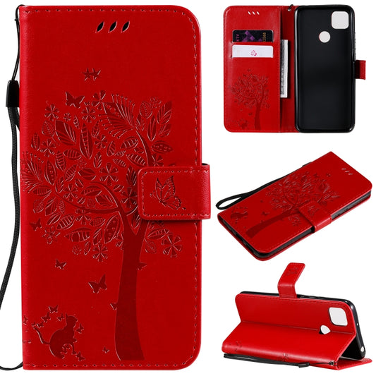 For Xiaomi Redmi 9C Tree & Cat Pattern Pressed Printing Horizontal Flip PU Leather Case with Holder & Card Slots & Wallet & Lanyard(Red) - Xiaomi Cases by buy2fix | Online Shopping UK | buy2fix