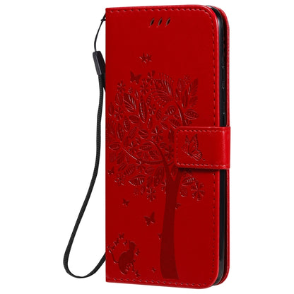 For Xiaomi Redmi 9C Tree & Cat Pattern Pressed Printing Horizontal Flip PU Leather Case with Holder & Card Slots & Wallet & Lanyard(Red) - Xiaomi Cases by buy2fix | Online Shopping UK | buy2fix