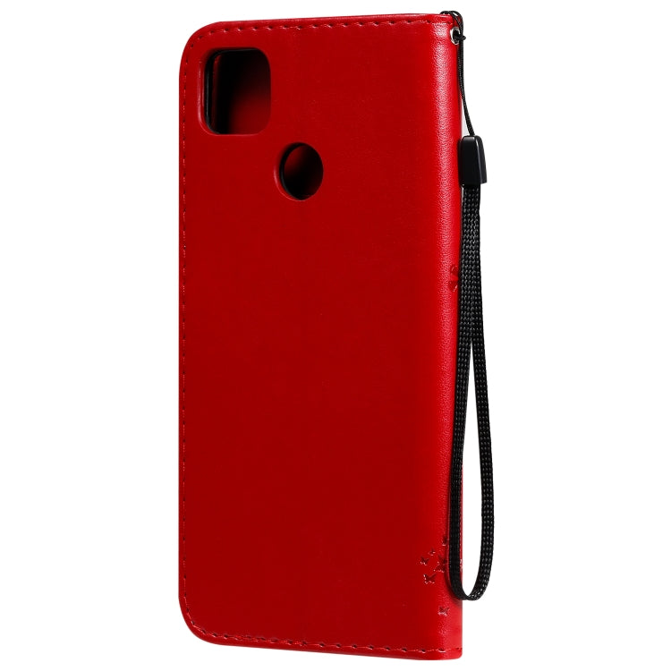 For Xiaomi Redmi 9C Tree & Cat Pattern Pressed Printing Horizontal Flip PU Leather Case with Holder & Card Slots & Wallet & Lanyard(Red) - Xiaomi Cases by buy2fix | Online Shopping UK | buy2fix