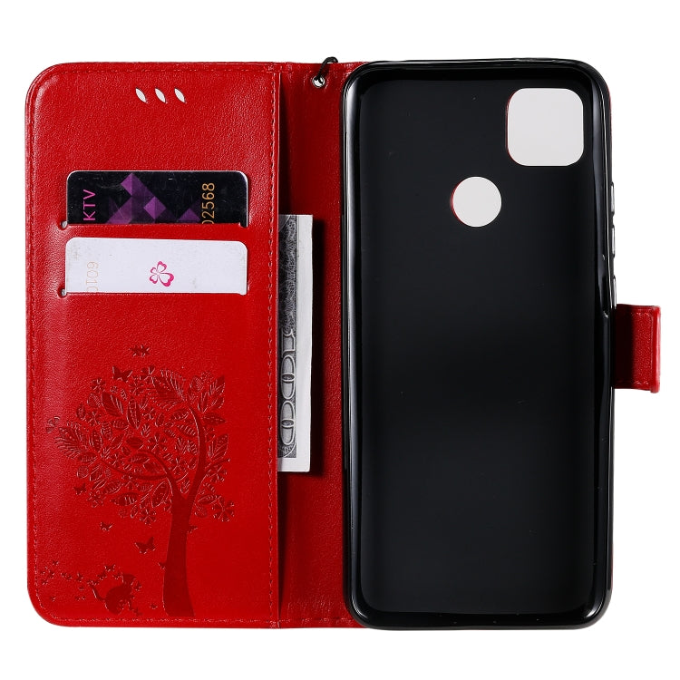 For Xiaomi Redmi 9C Tree & Cat Pattern Pressed Printing Horizontal Flip PU Leather Case with Holder & Card Slots & Wallet & Lanyard(Red) - Xiaomi Cases by buy2fix | Online Shopping UK | buy2fix