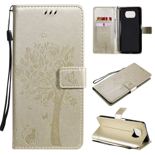 For Xiaomi Poco X3 NFC Tree & Cat Pattern Pressed Printing Horizontal Flip PU Leather Case with Holder & Card Slots & Wallet & Lanyard(Gold) - Xiaomi Cases by buy2fix | Online Shopping UK | buy2fix