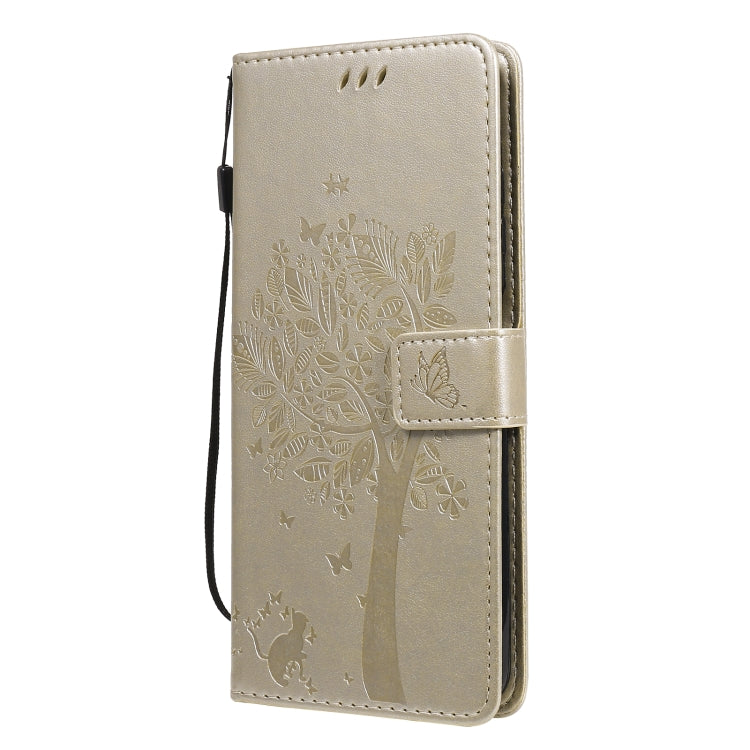 For Xiaomi Poco X3 NFC Tree & Cat Pattern Pressed Printing Horizontal Flip PU Leather Case with Holder & Card Slots & Wallet & Lanyard(Gold) - Xiaomi Cases by buy2fix | Online Shopping UK | buy2fix