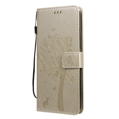 For Xiaomi Poco X3 NFC Tree & Cat Pattern Pressed Printing Horizontal Flip PU Leather Case with Holder & Card Slots & Wallet & Lanyard(Gold) - Xiaomi Cases by buy2fix | Online Shopping UK | buy2fix