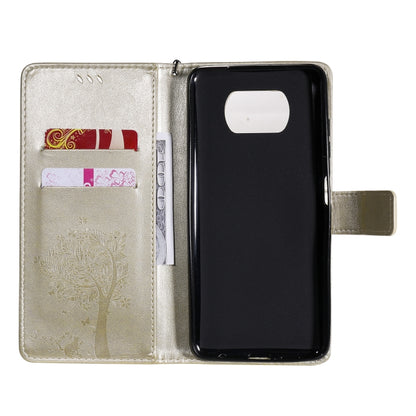 For Xiaomi Poco X3 NFC Tree & Cat Pattern Pressed Printing Horizontal Flip PU Leather Case with Holder & Card Slots & Wallet & Lanyard(Gold) - Xiaomi Cases by buy2fix | Online Shopping UK | buy2fix