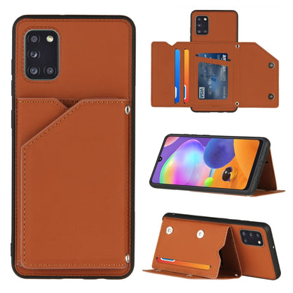 For Samsung Galaxy A31 Skin Feel PU + TPU + PC Back Cover Shockproof Case with Card Slots & Holder & Photo Frame(Brown) by buy2fix