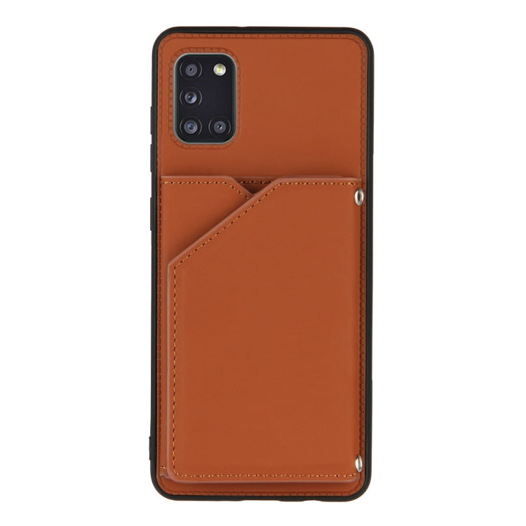 For Samsung Galaxy A31 Skin Feel PU + TPU + PC Back Cover Shockproof Case with Card Slots & Holder & Photo Frame(Brown) by buy2fix