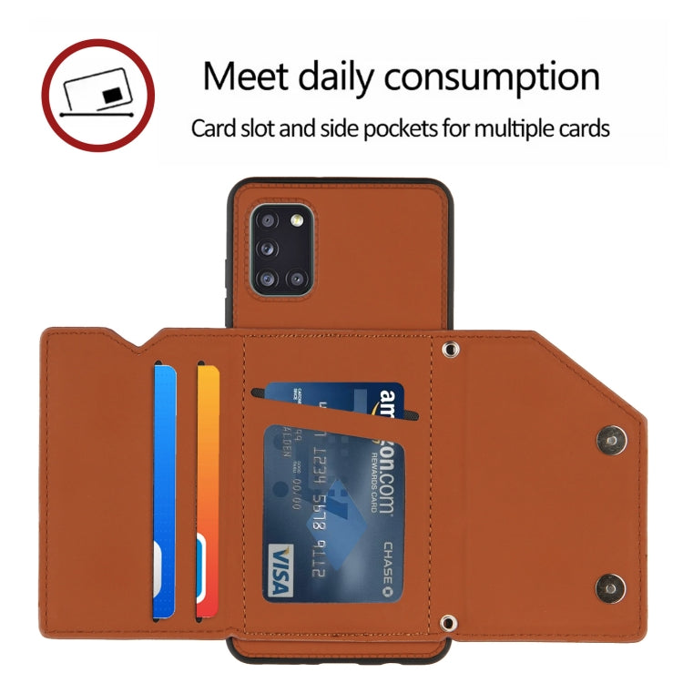For Samsung Galaxy A31 Skin Feel PU + TPU + PC Back Cover Shockproof Case with Card Slots & Holder & Photo Frame(Brown) by buy2fix