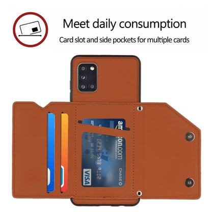 For Samsung Galaxy A31 Skin Feel PU + TPU + PC Back Cover Shockproof Case with Card Slots & Holder & Photo Frame(Brown) by buy2fix