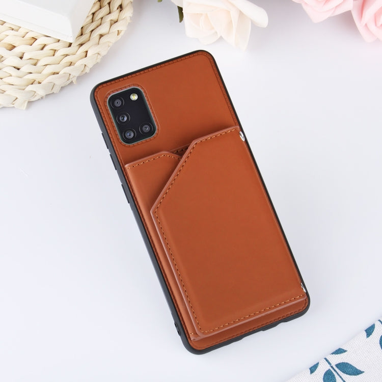 For Samsung Galaxy A31 Skin Feel PU + TPU + PC Back Cover Shockproof Case with Card Slots & Holder & Photo Frame(Brown) by buy2fix