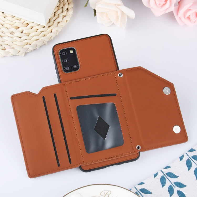 For Samsung Galaxy A31 Skin Feel PU + TPU + PC Back Cover Shockproof Case with Card Slots & Holder & Photo Frame(Brown) by buy2fix