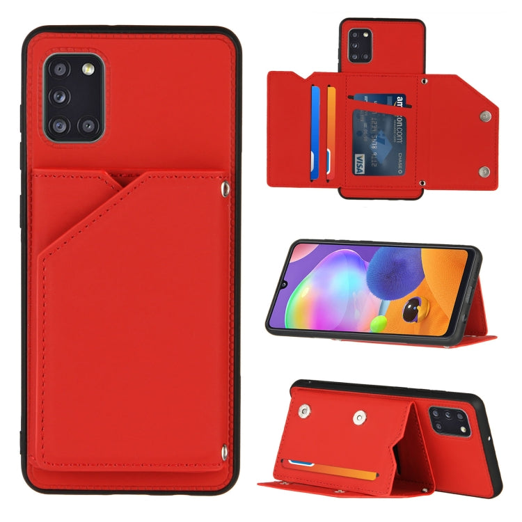 For Samsung Galaxy A31 Skin Feel PU + TPU + PC Back Cover Shockproof Case with Card Slots & Holder & Photo Frame(Red) by buy2fix