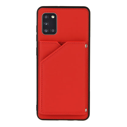 For Samsung Galaxy A31 Skin Feel PU + TPU + PC Back Cover Shockproof Case with Card Slots & Holder & Photo Frame(Red) by buy2fix