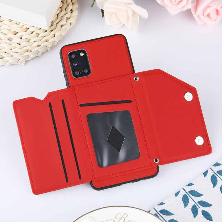 For Samsung Galaxy A31 Skin Feel PU + TPU + PC Back Cover Shockproof Case with Card Slots & Holder & Photo Frame(Red) by buy2fix