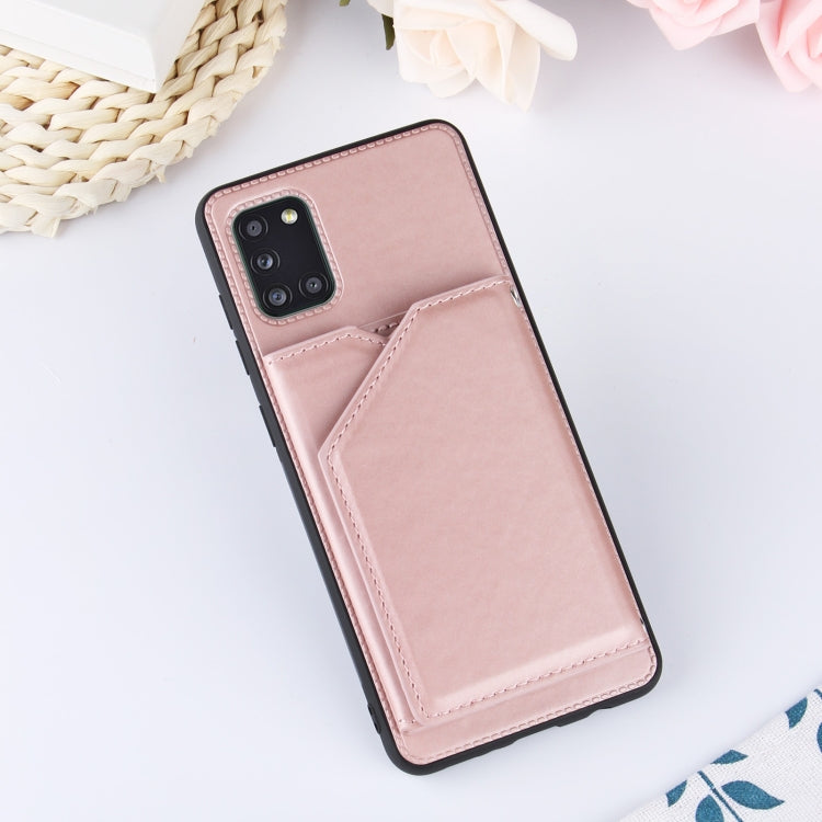 For Samsung Galaxy A31 Skin Feel PU + TPU + PC Back Cover Shockproof Case with Card Slots & Holder & Photo Frame(Rose Gold) - Galaxy Phone Cases by buy2fix | Online Shopping UK | buy2fix