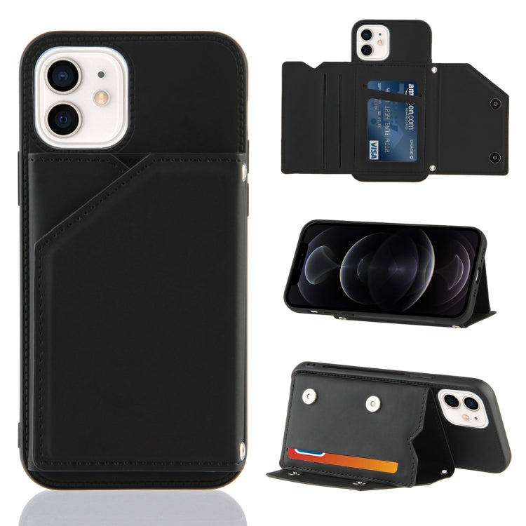For iPhone 12 / 12 Pro Skin Feel PU + TPU + PC Back Cover Shockproof Case with Card Slots & Holder & Photo Frame(Black) - iPhone 12 / 12 Pro Cases by buy2fix | Online Shopping UK | buy2fix