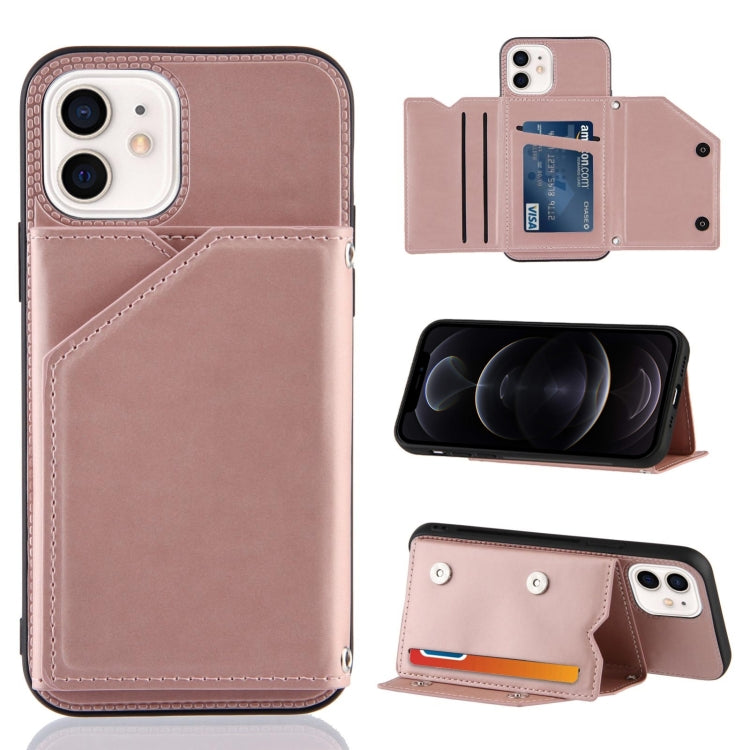 For iPhone 12 / 12 Pro Skin Feel PU + TPU + PC Back Cover Shockproof Case with Card Slots & Holder & Photo Frame(Rose Gold) - iPhone 12 / 12 Pro Cases by buy2fix | Online Shopping UK | buy2fix