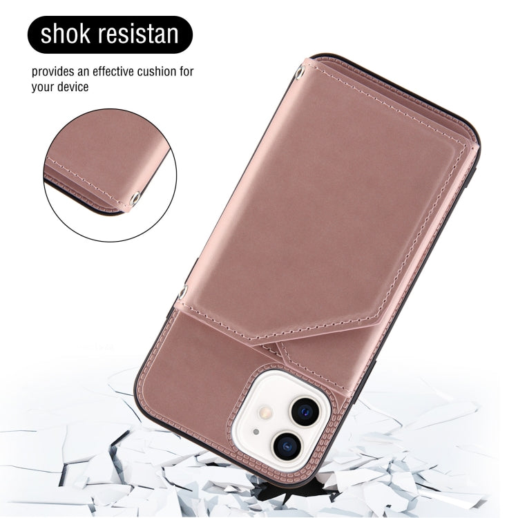 For iPhone 12 / 12 Pro Skin Feel PU + TPU + PC Back Cover Shockproof Case with Card Slots & Holder & Photo Frame(Rose Gold) - iPhone 12 / 12 Pro Cases by buy2fix | Online Shopping UK | buy2fix