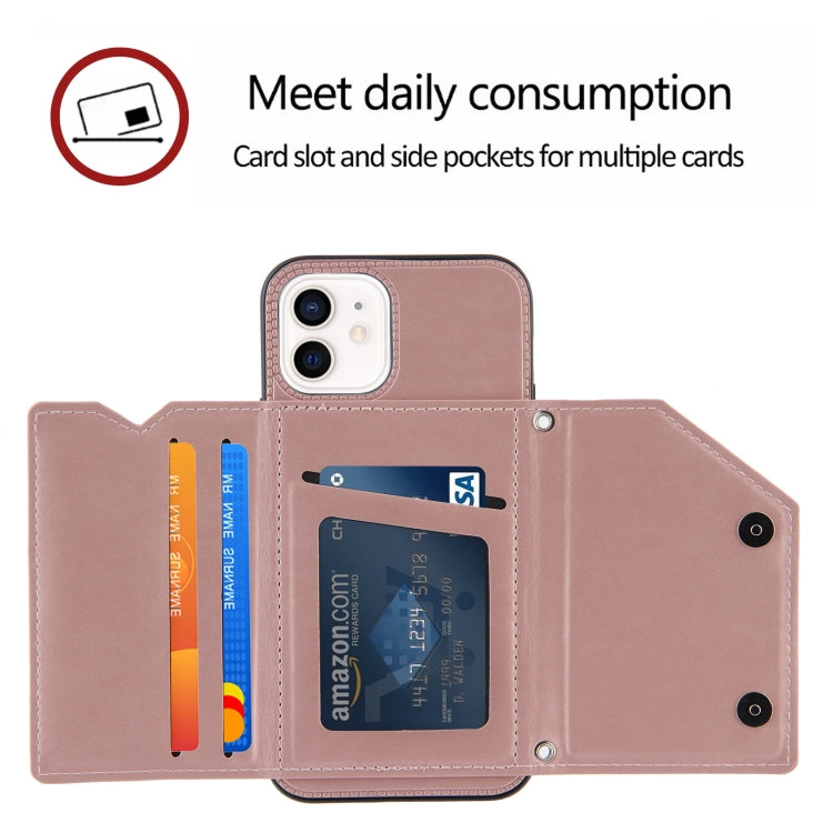 For iPhone 12 / 12 Pro Skin Feel PU + TPU + PC Back Cover Shockproof Case with Card Slots & Holder & Photo Frame(Rose Gold) - iPhone 12 / 12 Pro Cases by buy2fix | Online Shopping UK | buy2fix