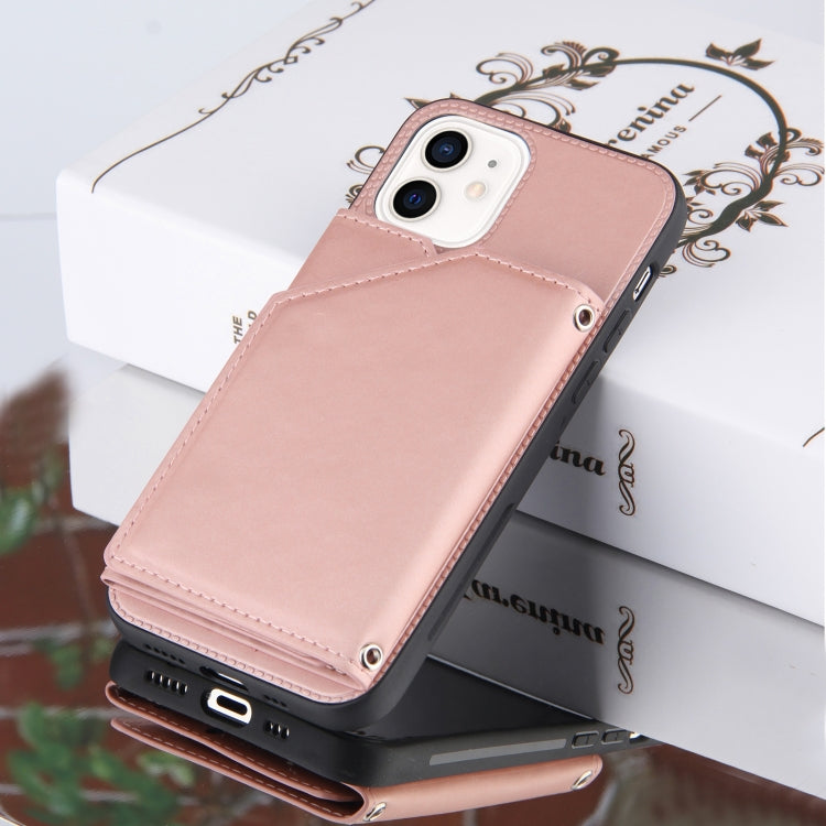 For iPhone 12 / 12 Pro Skin Feel PU + TPU + PC Back Cover Shockproof Case with Card Slots & Holder & Photo Frame(Rose Gold) - iPhone 12 / 12 Pro Cases by buy2fix | Online Shopping UK | buy2fix