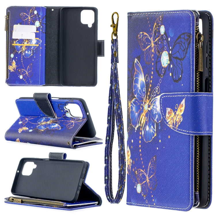For Samsung Galaxy A12 Colored Drawing Pattern Zipper Horizontal Flip Leather Case with Holder & Card Slots & Wallet(Purple Butterflies) by buy2fix