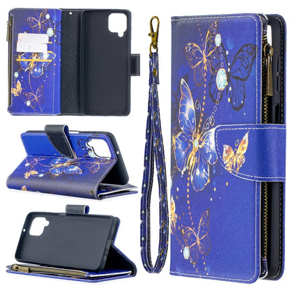 For Samsung Galaxy A12 Colored Drawing Pattern Zipper Horizontal Flip Leather Case with Holder & Card Slots & Wallet(Purple Butterflies) by buy2fix
