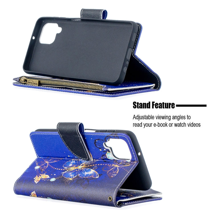 For Samsung Galaxy A12 Colored Drawing Pattern Zipper Horizontal Flip Leather Case with Holder & Card Slots & Wallet(Purple Butterflies) by buy2fix