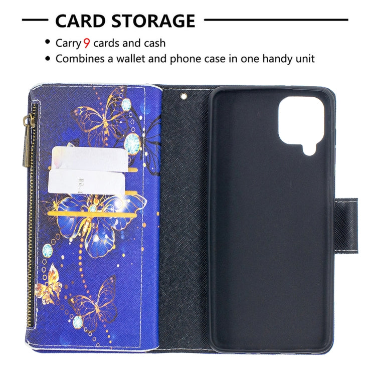For Samsung Galaxy A12 Colored Drawing Pattern Zipper Horizontal Flip Leather Case with Holder & Card Slots & Wallet(Purple Butterflies) by buy2fix