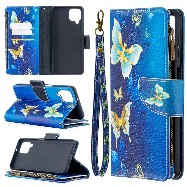 For Samsung Galaxy A12 Colored Drawing Pattern Zipper Horizontal Flip Leather Case with Holder & Card Slots & Wallet(Gold Butterflies) by buy2fix