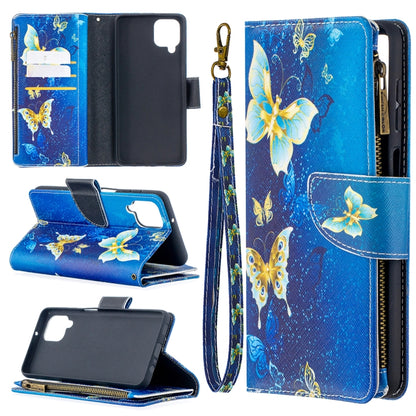 For Samsung Galaxy A12 Colored Drawing Pattern Zipper Horizontal Flip Leather Case with Holder & Card Slots & Wallet(Gold Butterflies) by buy2fix