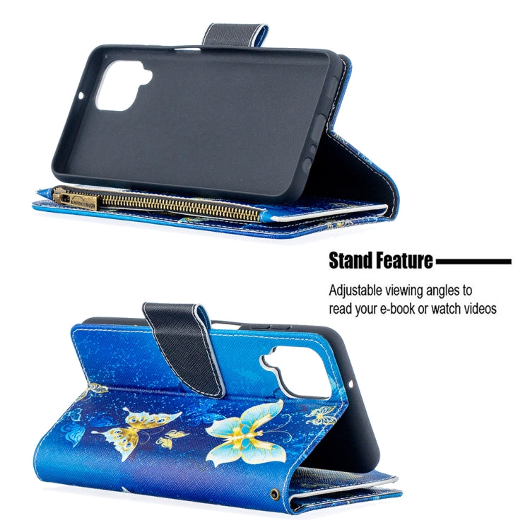 For Samsung Galaxy A12 Colored Drawing Pattern Zipper Horizontal Flip Leather Case with Holder & Card Slots & Wallet(Gold Butterflies) by buy2fix