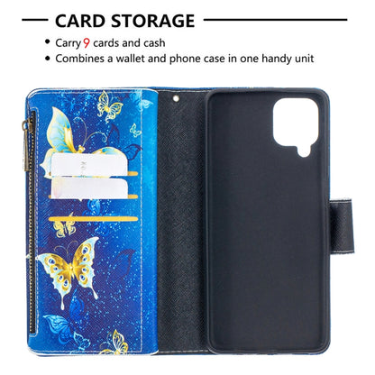 For Samsung Galaxy A12 Colored Drawing Pattern Zipper Horizontal Flip Leather Case with Holder & Card Slots & Wallet(Gold Butterflies) by buy2fix