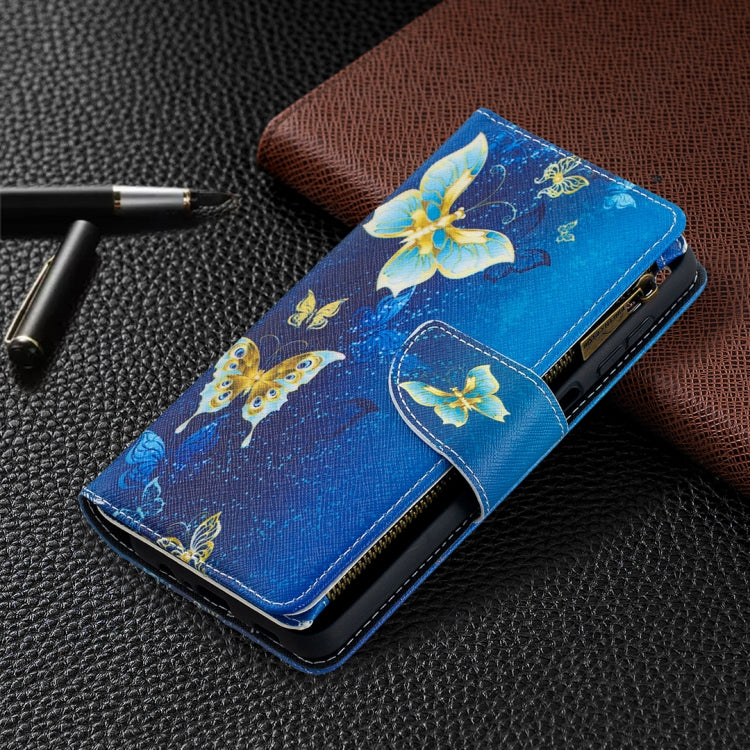For Samsung Galaxy A12 Colored Drawing Pattern Zipper Horizontal Flip Leather Case with Holder & Card Slots & Wallet(Gold Butterflies) by buy2fix